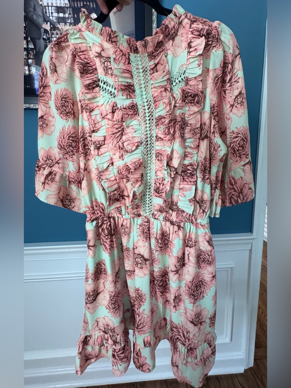 Women’s  Pink Floral Ruffle Dress with Mint Accents